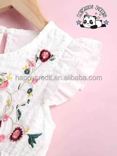 LEZONKIDS - Vestido personalizável com bordado floral e manga franzida de cintura alta para meninas